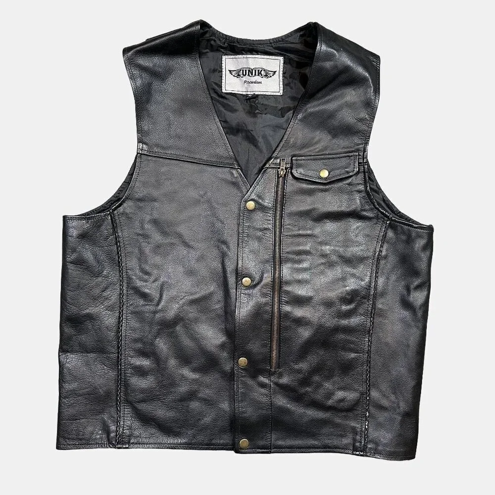Unik Premium Real Leather Zipper Biker Bikercore Black Vest Men's XX-Large